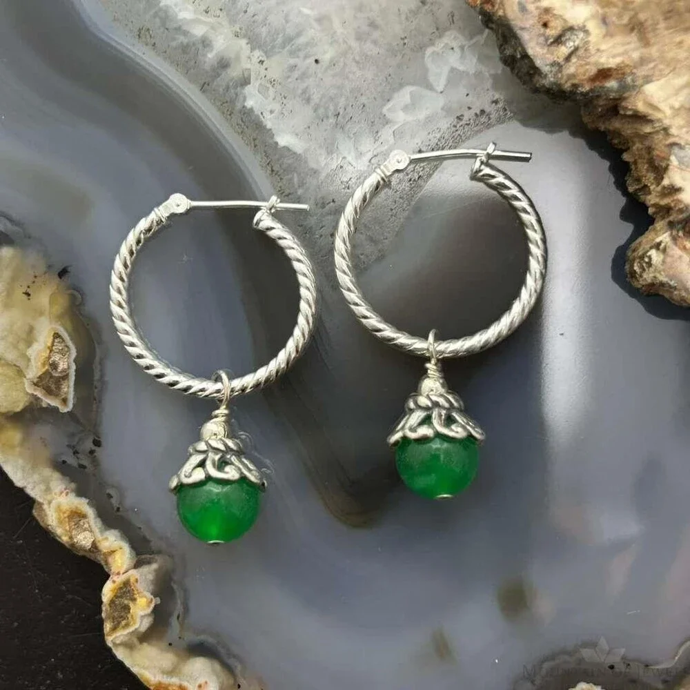 Carolyn Pollack Sterling Twisted Hoop w/Green Jadeite Dangle Earrings For Women
